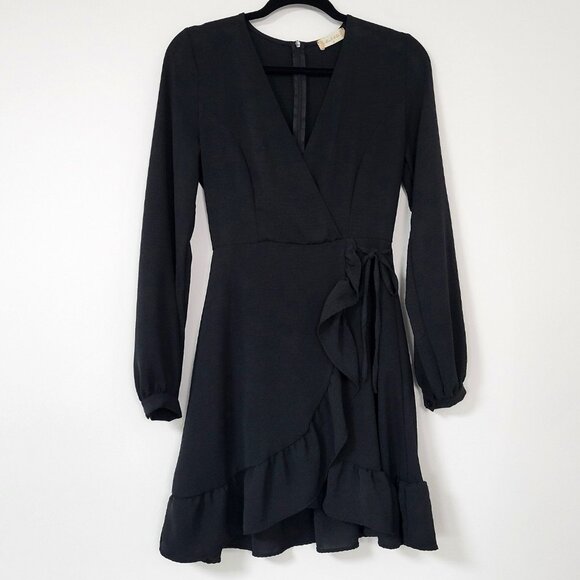 Altar’d State Faux Wrap Style Mini Dress Black Ruffled V-Neck - Picture 1 of 9